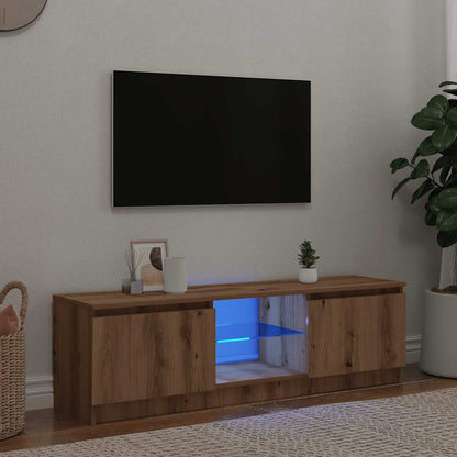 Tv-meubel met LED 140x40x35,5 cm bewerkt hout artisanaal eiken