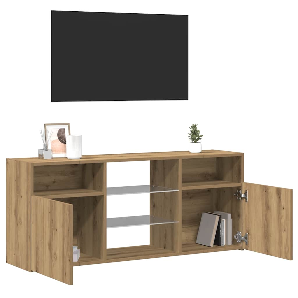 Tv-meubel met LED 120x30x50 cm bewerkt hout artisanaal eiken