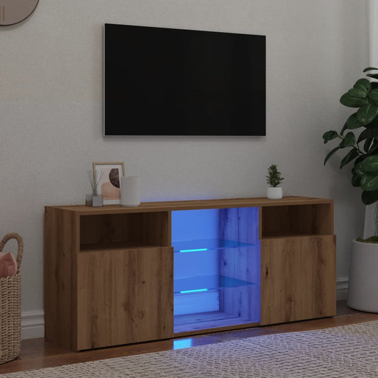 Tv-meubel met LED 120x30x50 cm bewerkt hout artisanaal eiken