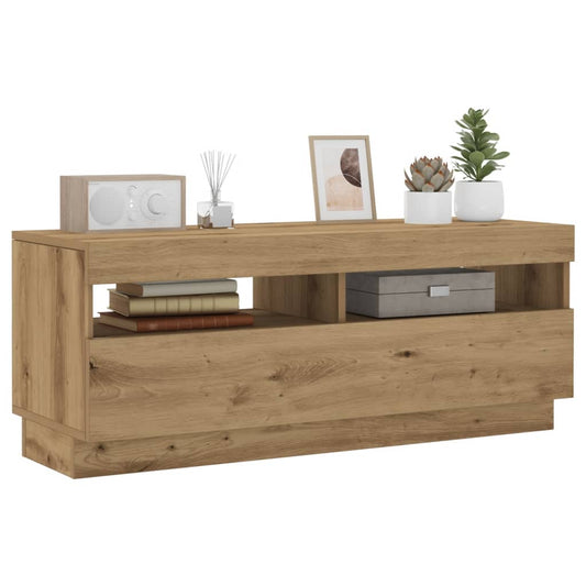 Tv-meubel met LED 100x35x40 cm bewerkt hout artisanaal eiken