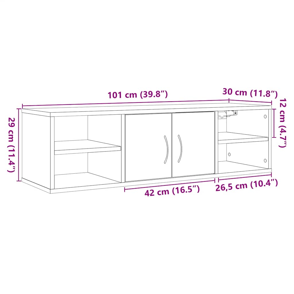 Wandkast 102x30x29 cm bewerkt hout oud houtkleurig