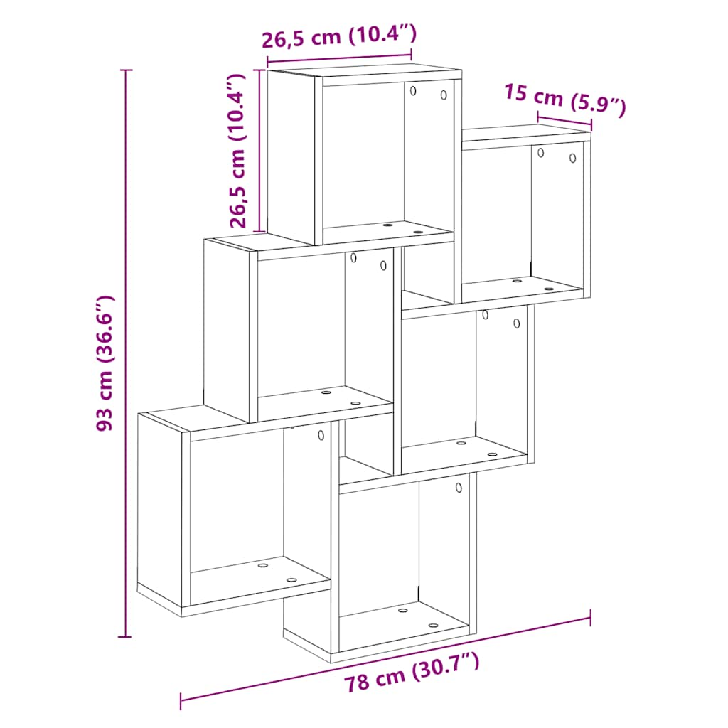 Wandschap kubus 78x15x93 cm bewerkt hout artisanaal eikenkleur