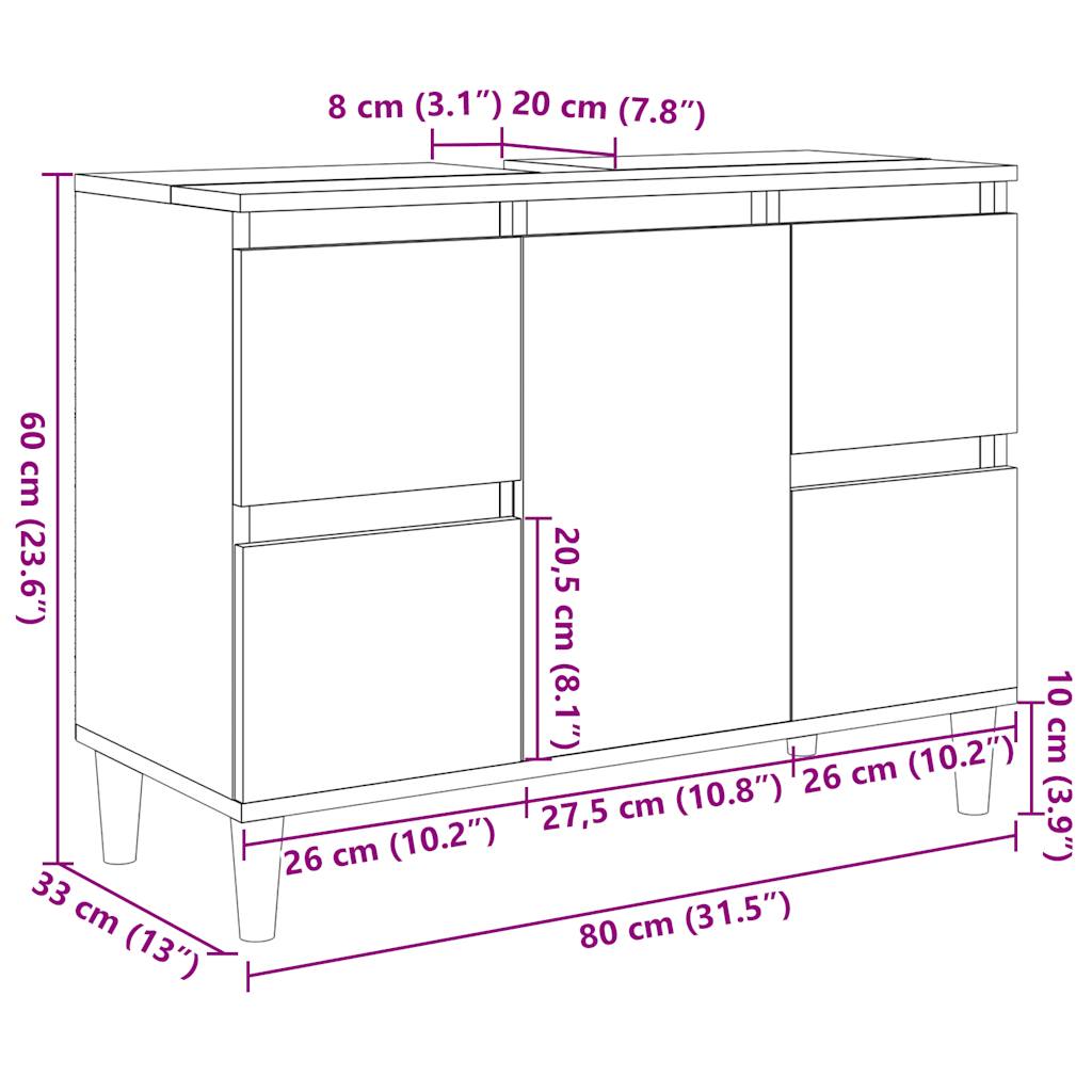 Wastafelkast 80x33x60 cm bewerkt hout betongrijs