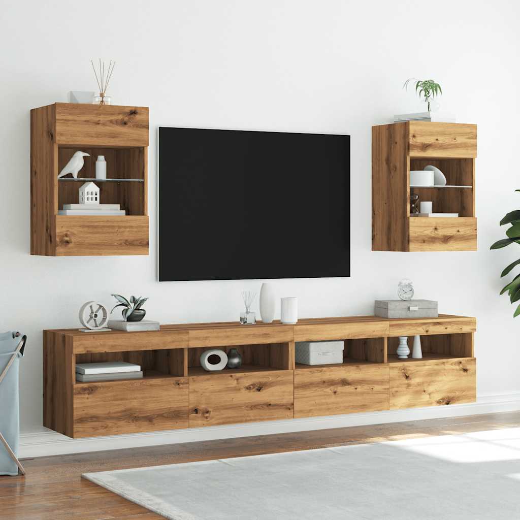 Tv-wandmeubels met LED 2 st 40x30x60,5 cm artisanaal eikenkleur