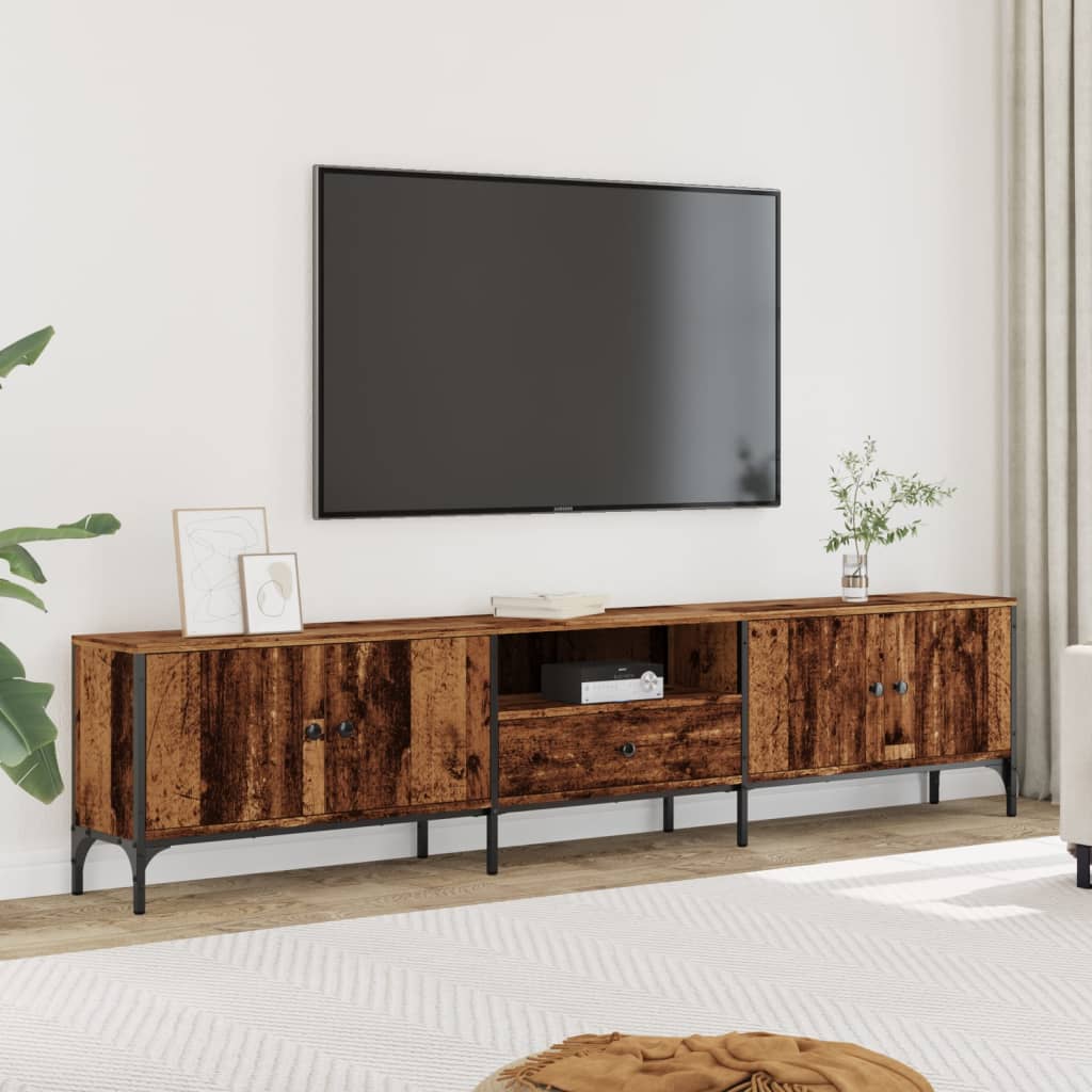 Tv-meubel met lade 200x25x44 cm bewerkt hout oud houtkleurig