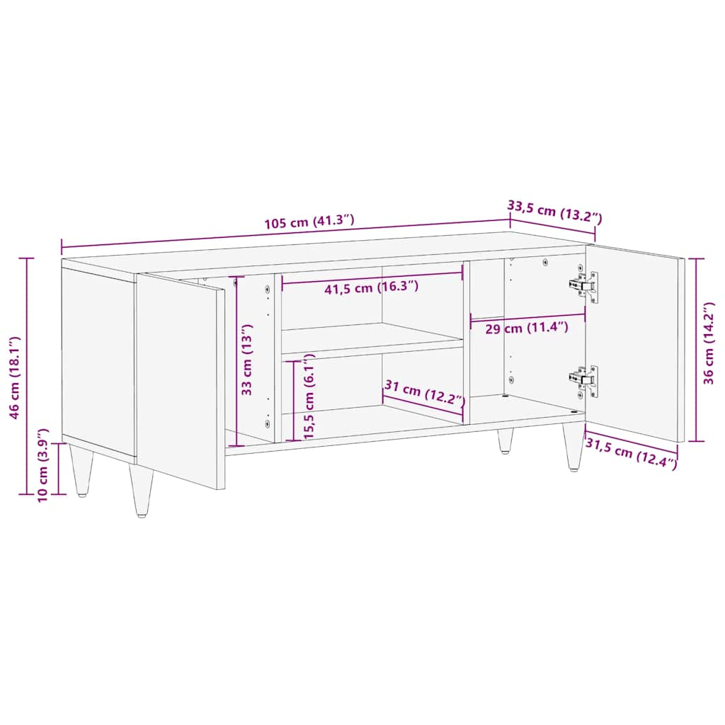 Tv-meubel 105x33,5x46 cm massief mangohout lichtgrijs