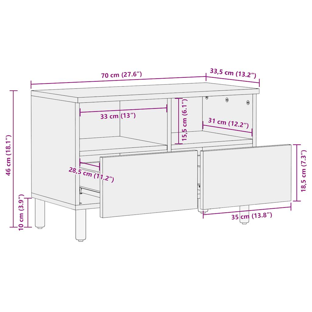 Tv-meubel 70x33,5x46 cm massief ruw mangohout zwart