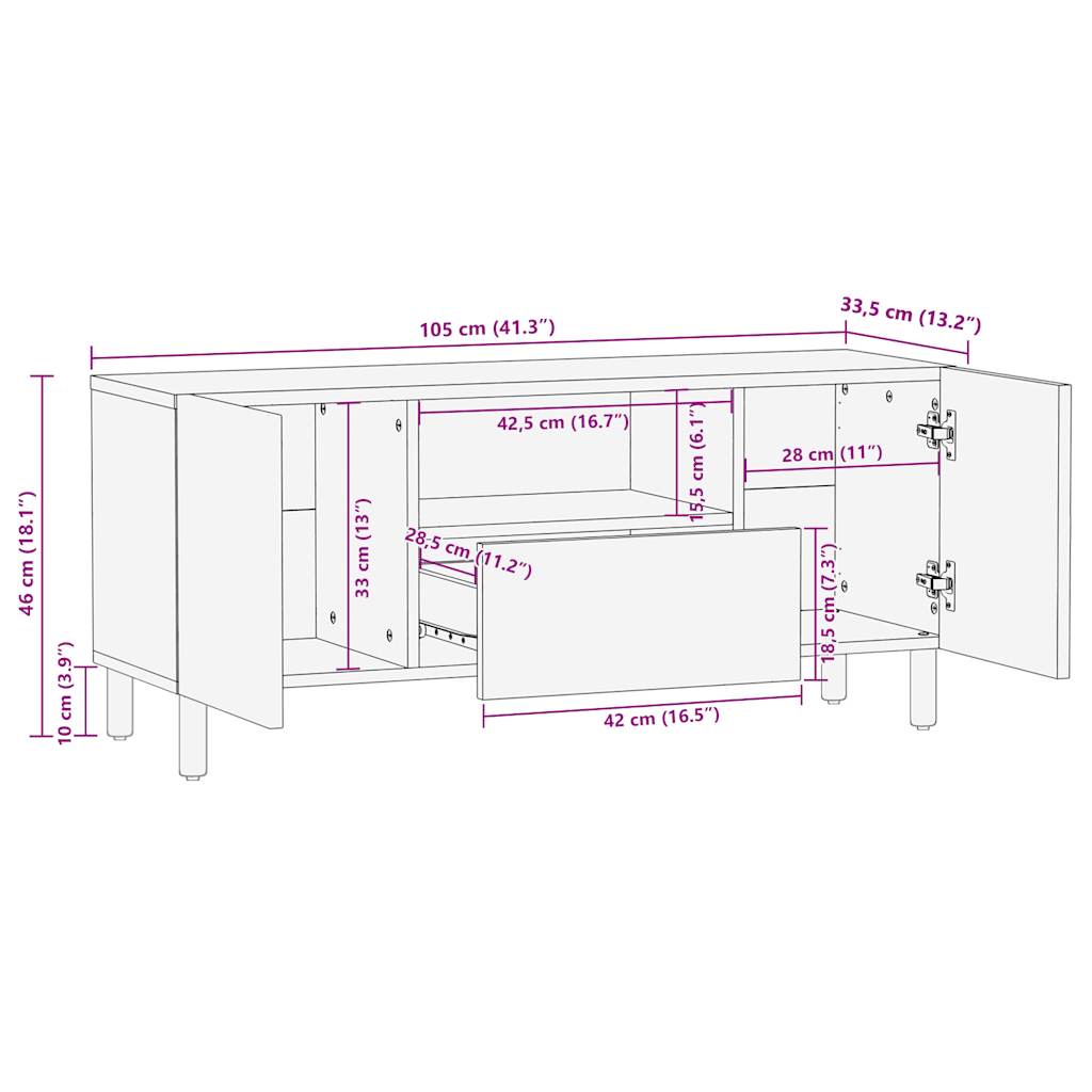 Tv-meubel 105x33,5x46 cm massief ruw mangohout zwart