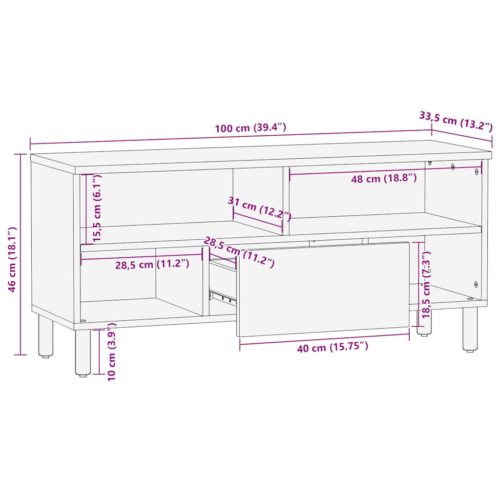 Tv-meubel 100x33,5x46 cm massief ruw mangohout zwart