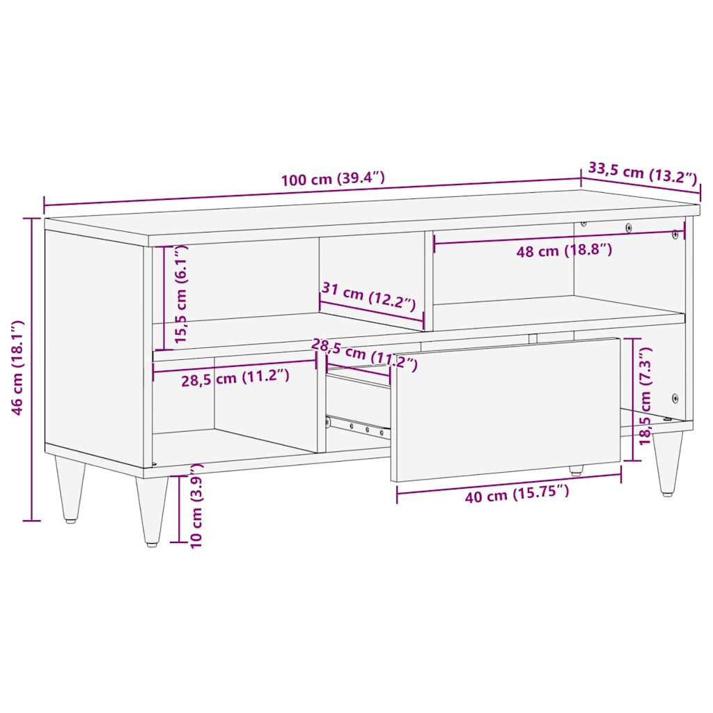 Tv-meubel 100x33,5x46 cm massief mangohout