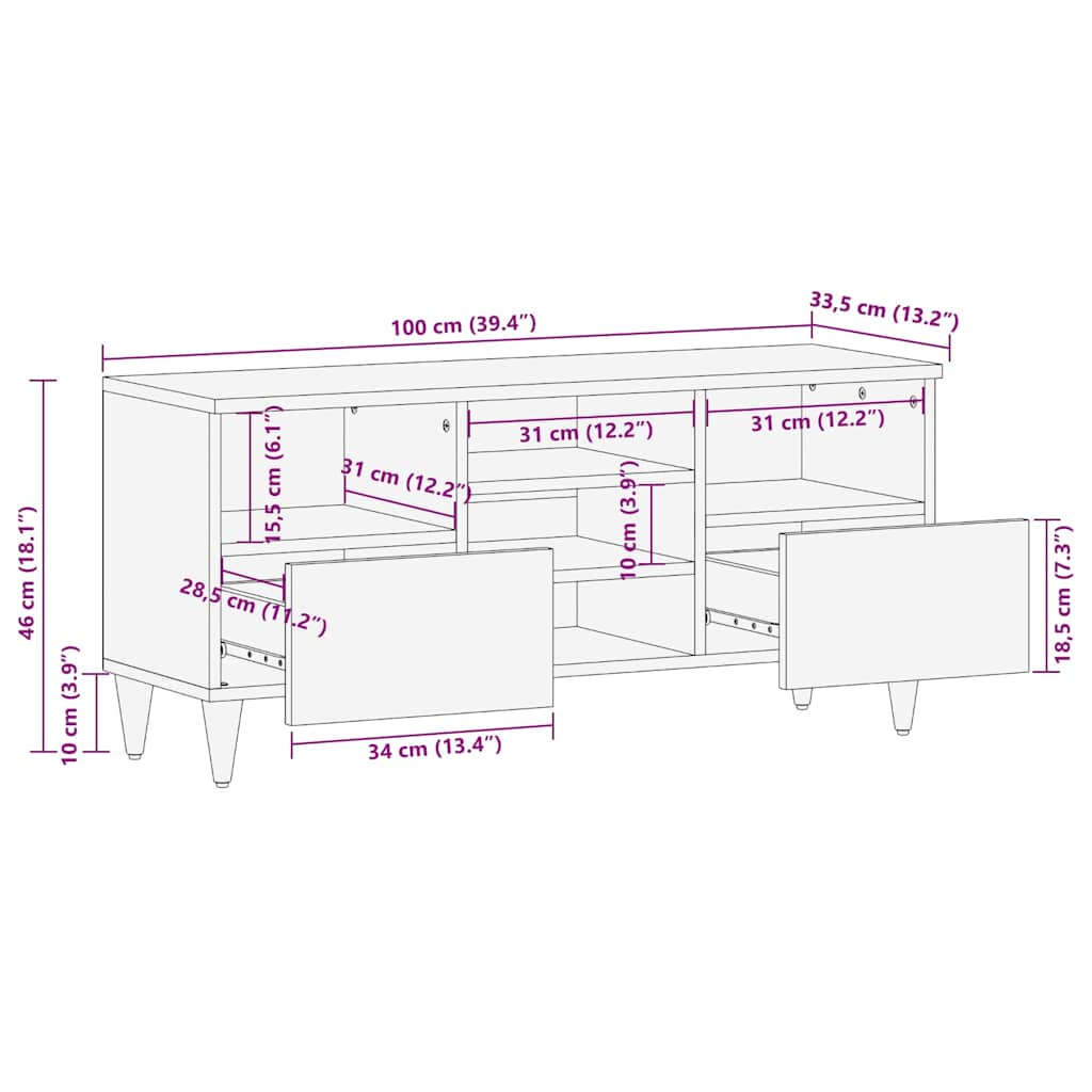 Tv-meubel 100x33,5x46 cm massief mangohout