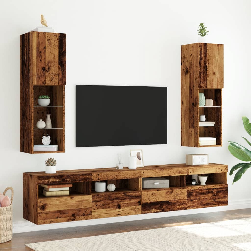 Tv-meubels met LED-verlichting 2 st 30,5x30x102 cm oud hout