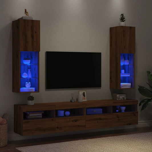 Tv-meubels met LED's 2 st 30,5x30x102 cm artisanaal eiken