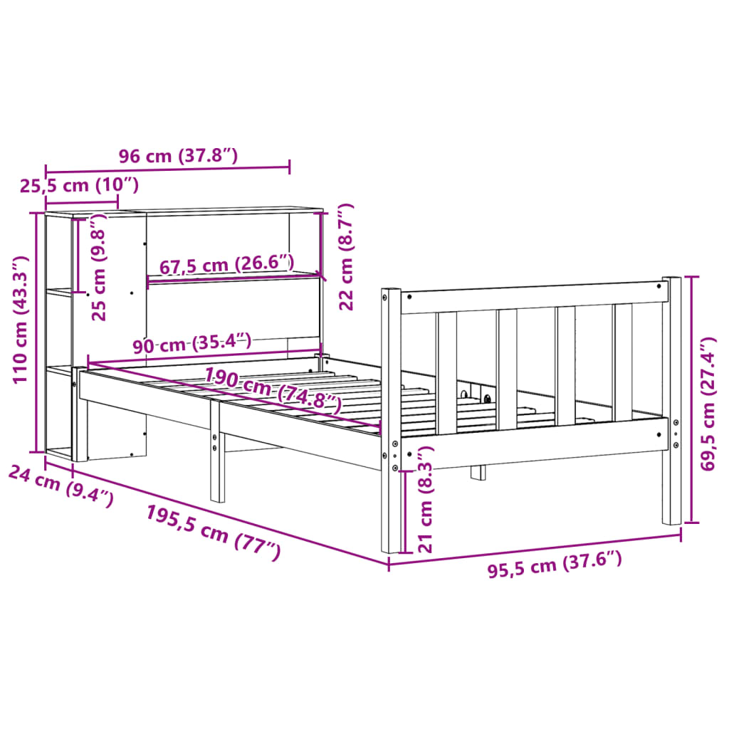 vidaXLBed met boekenkast zonder matras grenenhout wasbruin 90x190 cm