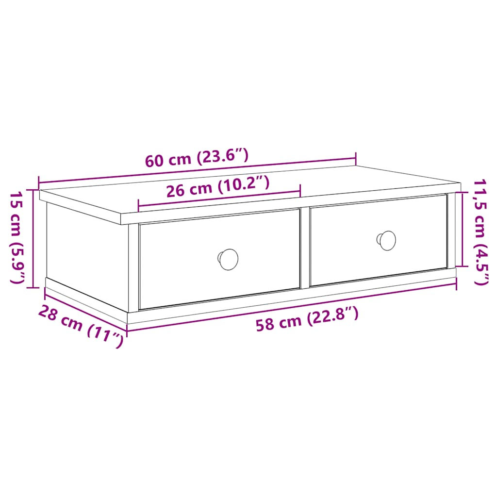 Wandschap met lades 60x25x15 cm bewerkt hout betongrijs