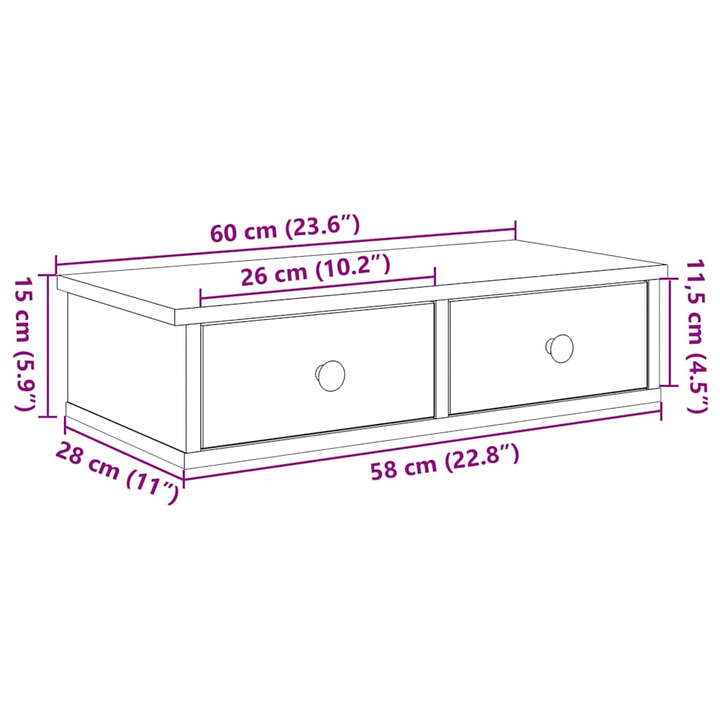 Wandschap met lades 60x25x15 cm bewerkt hout grijs sonoma eiken