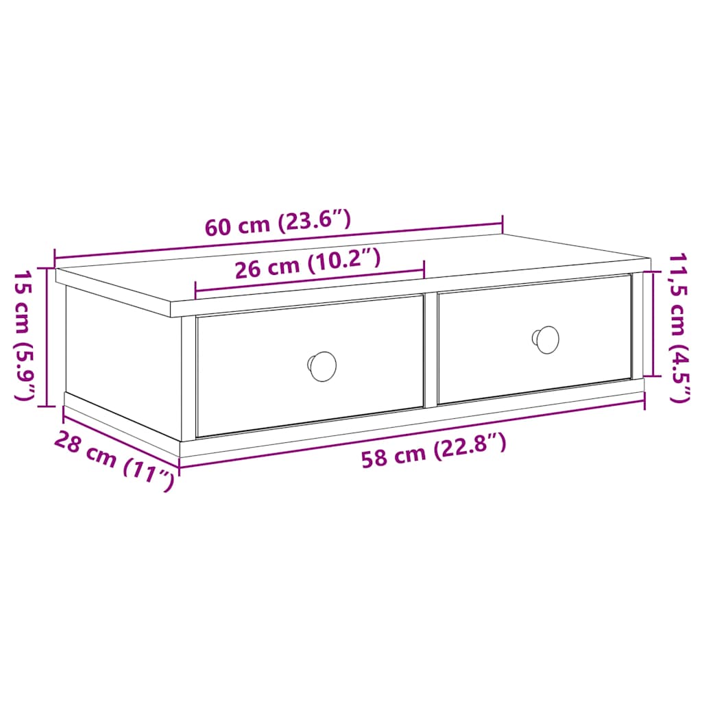 Wandschap met lades 60x25x15 cm bewerkt hout bruin eikenkleurig