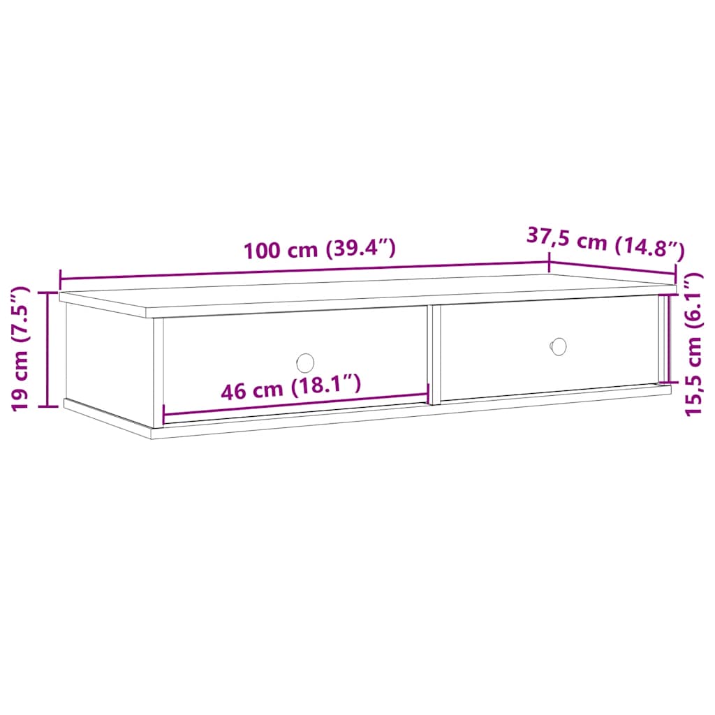 Wandschap met lades 100x37,5x19 cm bewerkt hout betongrijs