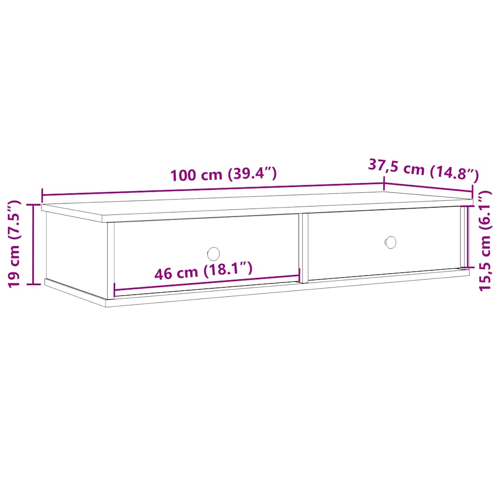 Wandschap met lades 100x37,5x19 cm bewerkt hout oud houtkleurig