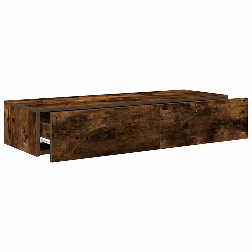 Wandschap met lades 100x36x19cm bewerkt hout gerookt eikenkleur