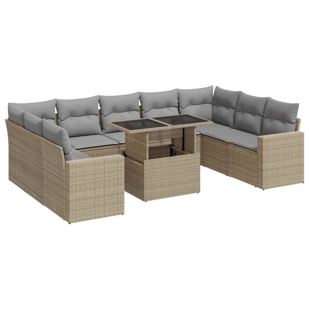 10-delige Loungeset met kussens poly rattan beige