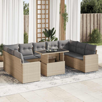 10-delige Loungeset met kussens poly rattan beige